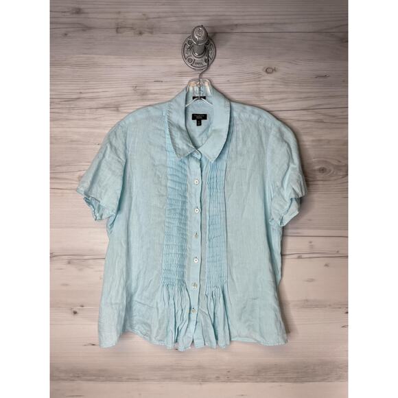 Talbots Shirt Womens 1X Petite Light Blue Irish Linen Pintuck Button Front Top - Picture 1 of 8